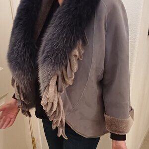 Gray cropped shearling and fox fur jacket